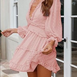 Womens Fall Summer Deep V Neck Ruffle Long Sleeve Floral Print Mini Dress